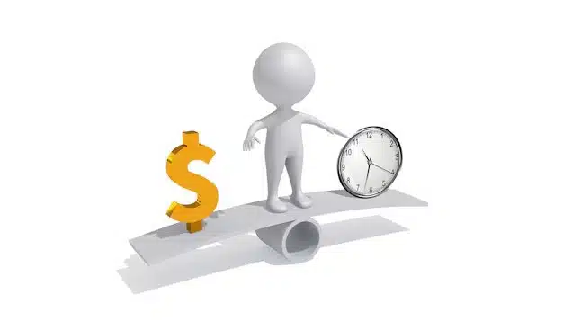 3D illustration of a figure balancing a golden dollar sign and a clock on a seesaw, symbolizing time, money, and rental properties.
