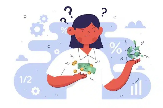 Illustration of a woman holding cash and a plant globe, surrounded by question marks, symbolizing uncertainty about Inflation-Protected Securities.