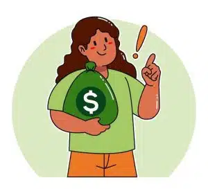 Illustration of a smiling woman holding a big money bag with a dollar sign, representing financial security with Inflation-Protected Securities.