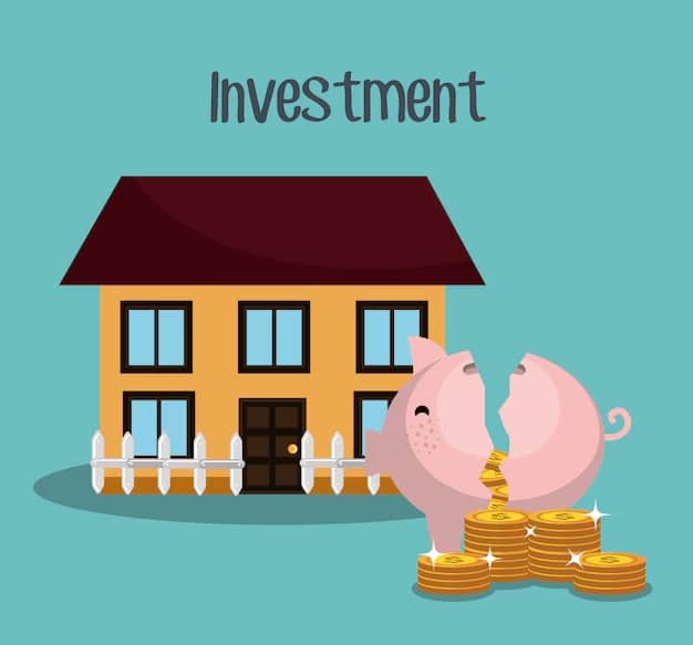 Ilustração de um cofre em formato de porquinho quebrado soltando moedas douradas em frente a uma casa, simbolizando investimento em US Real Estate.