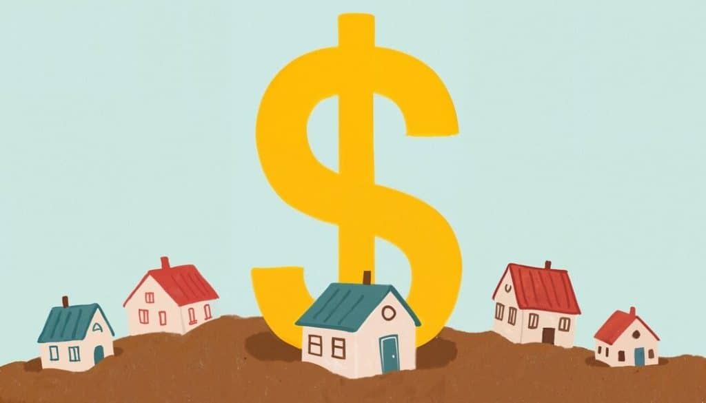 Ilustração de várias casas pequenas ao redor de um grande símbolo de cifrão amarelo, representando o valor e o potencial de retorno no mercado de US Real Estate.