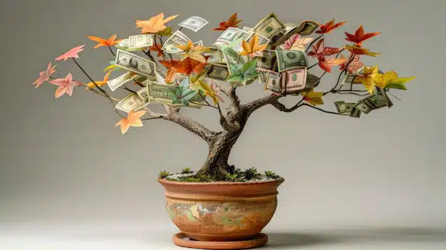 Potted tree with colorful leaves, banknotes, and CDs on its branches, representing prosperity and investments.