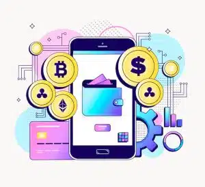 Illustration of a smartphone with a digital wallet app surrounded by crypto assets symbols such as Bitcoin, Ethereum, Ripple, and dollar coins.