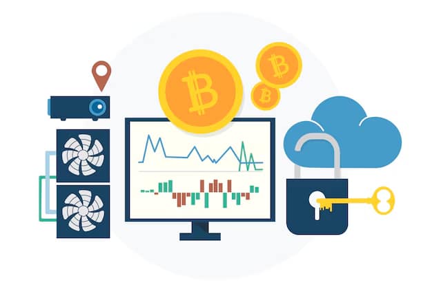 Flat illustration of crypto assets mining with Bitcoin coins, data charts on a computer monitor, cooling systems, and a cloud with a security lock and key.