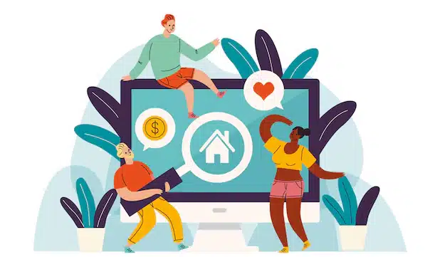 Illustration of people around a computer with icons of a house, money, and a heart, representing personal finance and crowdfunding.