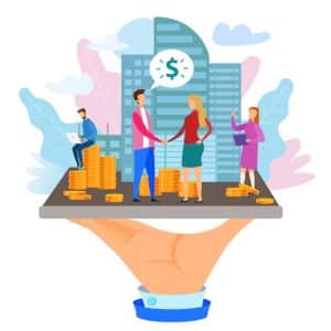 Illustration of business and finance, with people making an agreement in front of a building, surrounded by gold coins on a large hand holding the scene.