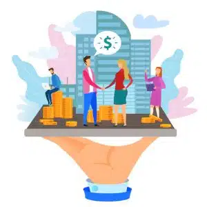 Illustration of business and finance, with people making an agreement in front of a building, surrounded by gold coins on a large hand holding the scene.