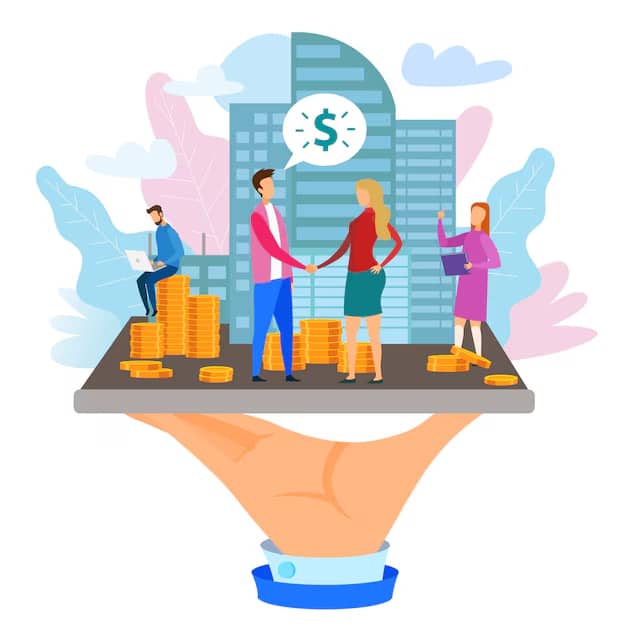 Illustration of business and finance, with people making an agreement in front of a building, surrounded by gold coins on a large hand holding the scene.