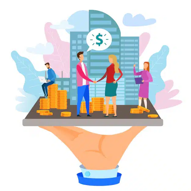 Illustration of business and finance, with people making an agreement in front of a building, surrounded by gold coins on a large hand holding the scene.