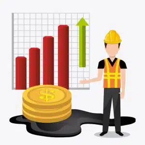 Illustration of an oil industry worker standing next to rising bar charts, gold coins, and spilled oil, representing oil prices and profits.