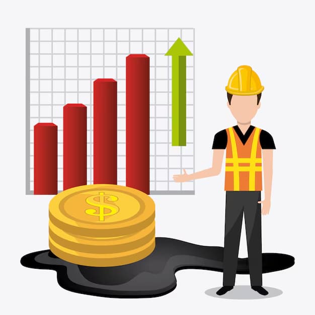 Illustration of an oil industry worker standing next to rising bar charts, gold coins, and spilled oil, representing oil prices and profits.