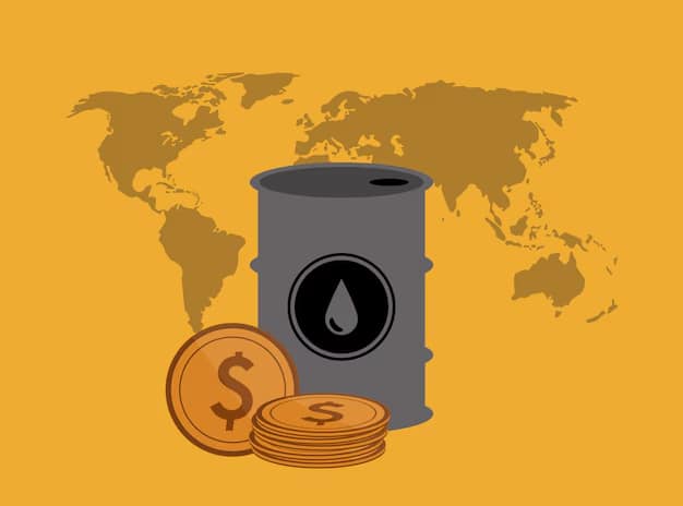 commodities - Illustration of an oil industry worker standing next to rising bar charts, gold coins, and spilled oil, representing oil prices and profits.