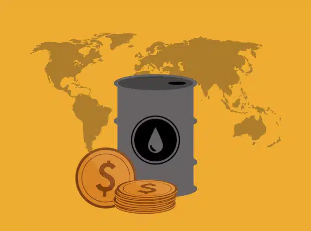 commodities - Illustration of an oil industry worker standing next to rising bar charts, gold coins, and spilled oil, representing oil prices and profits.