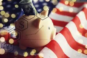 Piggy bank with dollar bill on top of the US flag background, representing savings and Treasury Bonds.