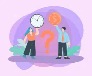 Illustration of a man and a woman standing in front of a question mark, holding a clock and a coin with a dollar sign, representing the dilemma between time, money, and rental properties.