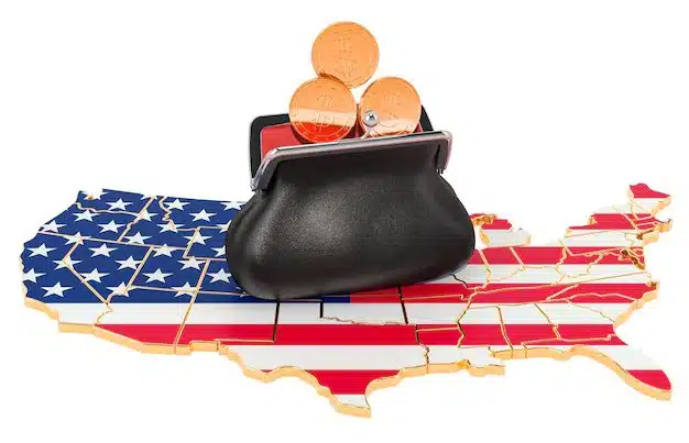 Black wallet with coins on a USA map decorated with the American flag, symbolizing investments and Treasury Bonds.