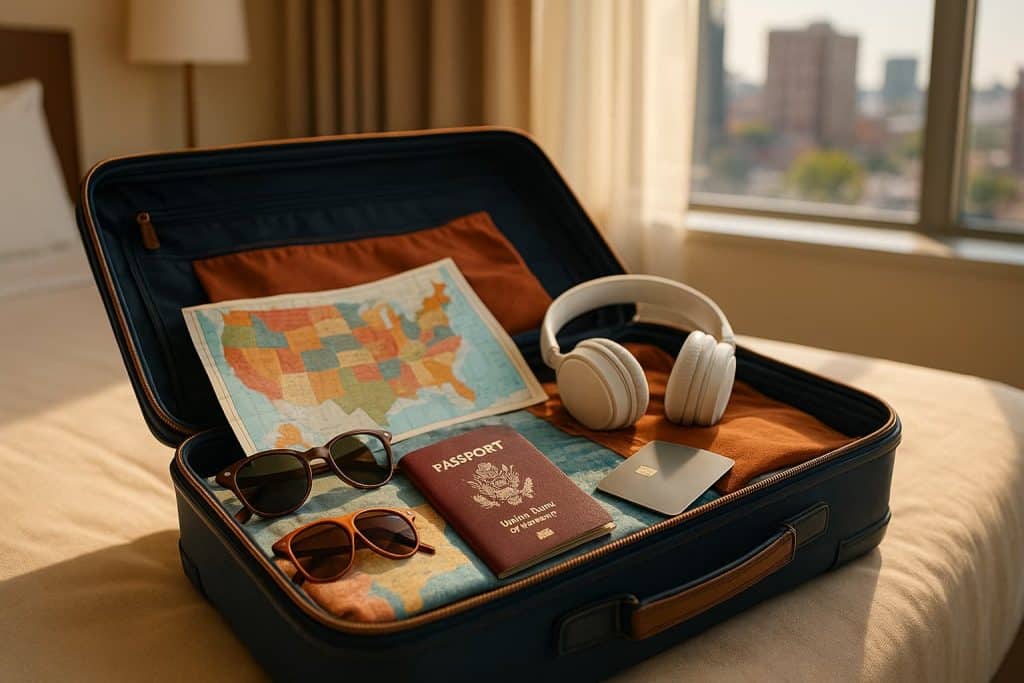 An open blue suitcase on a modern hotel bed, containing a map of the USA, a passport, two pairs of sunglasses, white headphones, and generic metallic credit cards, illuminated by natural light coming through the window with a soft view of an American city in the background.
