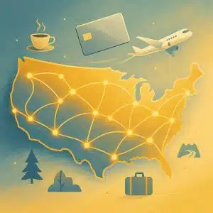 A semi-realistic digital illustration showing a stylized map of the United States with luminous lines connecting cities, a minimalist airplane flying over, and subtle travel icons like a coffee cup, nature, a suitcase, and a road; a credit card floats above the map in shades of blue, gold, and beige, conveying a sense of lightness and movement.