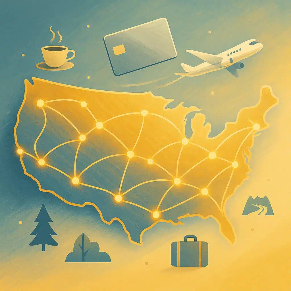 A semi-realistic digital illustration showing a stylized map of the United States with luminous lines connecting cities, a minimalist airplane flying over, and subtle travel icons like a coffee cup, nature, a suitcase, and a road; a credit card floats above the map in shades of blue, gold, and beige, conveying a sense of lightness and movement.