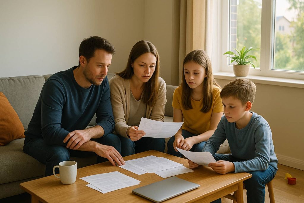 A family of four sits in a modern, light-filled living room, analyzing papers and a laptop on a wooden table. The atmosphere is welcoming, with soft natural light entering through the window, a plant, and subtle everyday details, conveying a sense of calm as they reflect on their family finances and the potential impacts of U.S. Fiscal Policy.