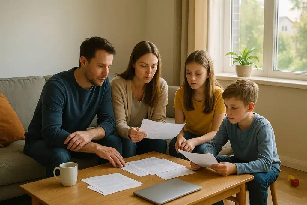 A family of four sits in a modern, light-filled living room, analyzing papers and a laptop on a wooden table. The atmosphere is welcoming, with soft natural light entering through the window, a plant, and subtle everyday details, conveying a sense of calm as they reflect on their family finances and the potential impacts of U.S. Fiscal Policy.