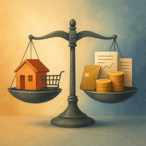 A semi-realistic conceptual illustration showing a modern metallic scale balancing a house and a shopping cart on one side, and coins with economic documents on the other, set against a blue and gold gradient background that conveys balance, tension, and a subtle economic context.