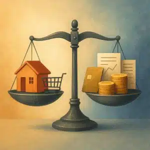 A semi-realistic conceptual illustration showing a modern metallic scale balancing a house and a shopping cart on one side, and coins with economic documents on the other, set against a blue and gold gradient background that conveys balance, tension, and a subtle economic context.