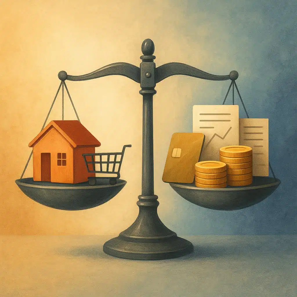 A semi-realistic conceptual illustration showing a modern metallic scale balancing a house and a shopping cart on one side, and coins with economic documents on the other, set against a blue and gold gradient background that conveys balance, tension, and a subtle economic context.
