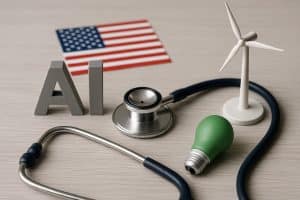 A realistic and minimalist image showing a light-colored desk with three main elements associated with thematic ETFs: a white miniature wind turbine representing clean energy, a metallic stethoscope symbolizing the healthcare sector, and a green light bulb suggesting sustainable innovation. In the background, metallic letters forming “AI” reference artificial intelligence, along with a slightly blurred U.S. flag.