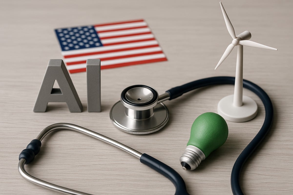 A realistic and minimalist image showing a light-colored desk with three main elements associated with thematic ETFs: a white miniature wind turbine representing clean energy, a metallic stethoscope symbolizing the healthcare sector, and a green light bulb suggesting sustainable innovation. In the background, metallic letters forming “AI” reference artificial intelligence, along with a slightly blurred U.S. flag.