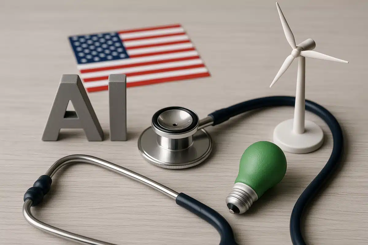 A realistic and minimalist image showing a light-colored desk with three main elements associated with thematic ETFs: a white miniature wind turbine representing clean energy, a metallic stethoscope symbolizing the healthcare sector, and a green light bulb suggesting sustainable innovation. In the background, metallic letters forming “AI” reference artificial intelligence, along with a slightly blurred U.S. flag.