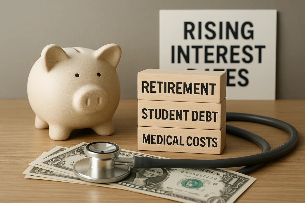 A beige ceramic piggy bank sits on a wooden table next to three stacked wooden blocks labeled “Retirement,” “Student Debt,” and “Medical Costs.” In front of the blocks lies a stethoscope resting on U.S. dollar bills. A blurred sign in the background reads “Rising Interest Rates.” The scene visually represents personal finances challenges related to saving, debt, and healthcare costs under high interest rate conditions.
