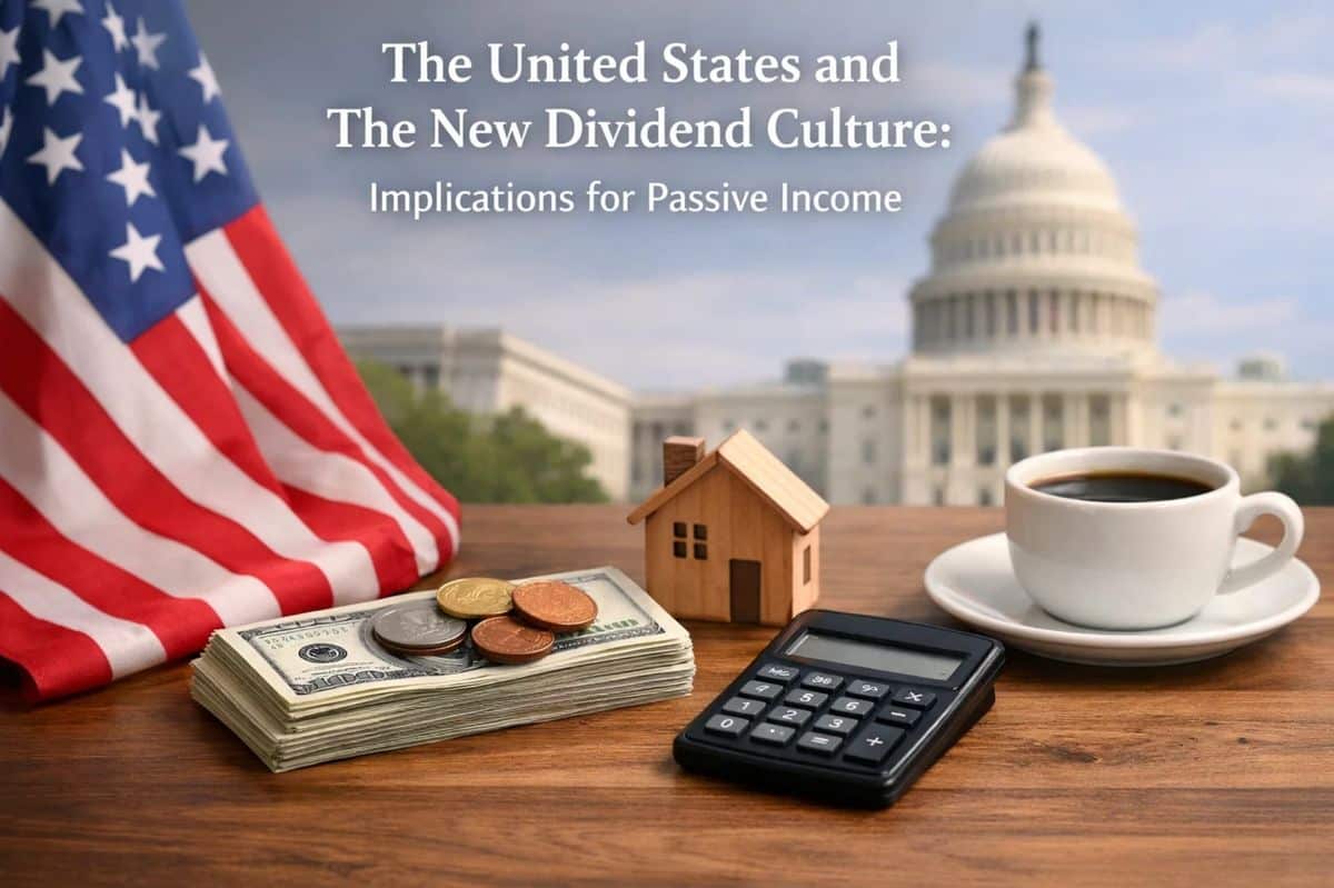 Still life illustrating dividend-focused investments in the United States, featuring the U.S. Capitol in the background, an American flag, a stack of dollar bills with coins, a small wooden house symbolizing assets, a calculator, and a cup of coffee on a wooden table, representing passive income, financial planning, and long-term investments.