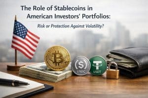 Stablecoins and cryptocurrency coins displayed alongside U.S. dollar bills, an American flag, and a wallet on a desk, illustrating the role of stablecoins in modern investments and how American investors use digital assets as protection against market volatility.