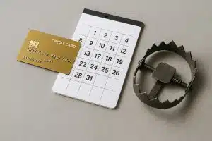 The photo shows a gold credit card placed on top of a monthly calendar, next to a small metal bear trap. The minimalist composition symbolizes the potential financial risks or hidden pitfalls associated with recurring credit card subscriptions.