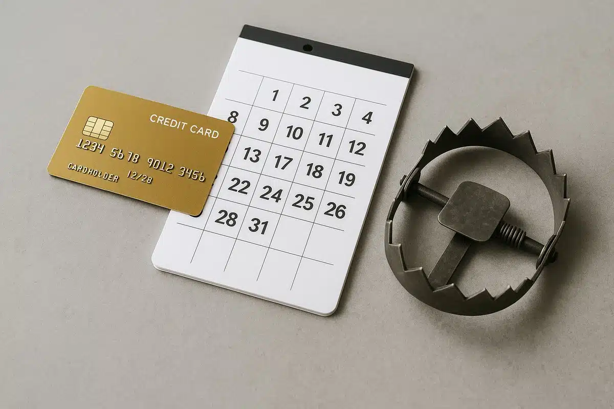 The photo shows a gold credit card placed on top of a monthly calendar, next to a small metal bear trap. The minimalist composition symbolizes the potential financial risks or hidden pitfalls associated with recurring credit card subscriptions.