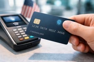 Hand holding a modern contactless credit card with biometric fingerprint authentication near a payment terminal, representing secure credit card transactions, advanced payment technology, and everyday credit card usage in digital commerce.