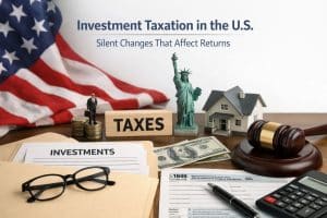 Image illustrating investment taxation and finances in the United States, featuring documents labeled investments and tax forms, a calculator, eyeglasses, US dollar bills, a judge’s gavel, a miniature house, the Statue of Liberty, and an American flag in the background, representing silent tax changes that affect investment returns and long-term financial planning.