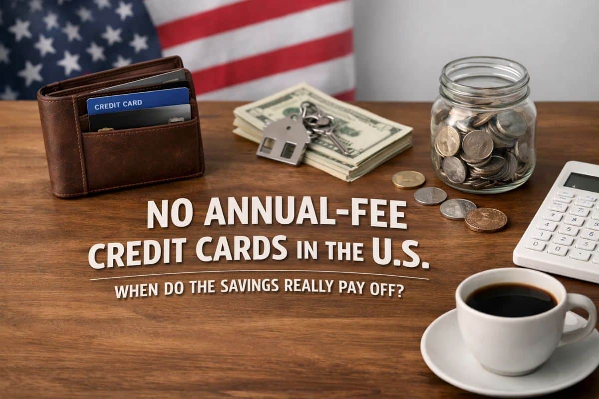 Image illustrating no annual-fee credit card options in the United States, featuring a wallet with a visible credit card, stacks of US dollar bills, house keys, a jar filled with coins, a calculator, and a cup of coffee on a wooden desk, with the American flag in the background, representing when a no annual-fee credit card truly delivers savings.