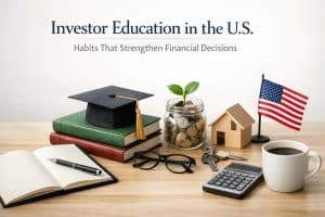Conceptual image representing investor education in the United States, featuring books and a graduation cap symbolizing learning, a jar with coins and a growing plant representing long-term Investiments, a small house model and keys related to financial planning, alongside a calculator, notebook, and an American flag, illustrating habits that strengthen informed financial decisions.