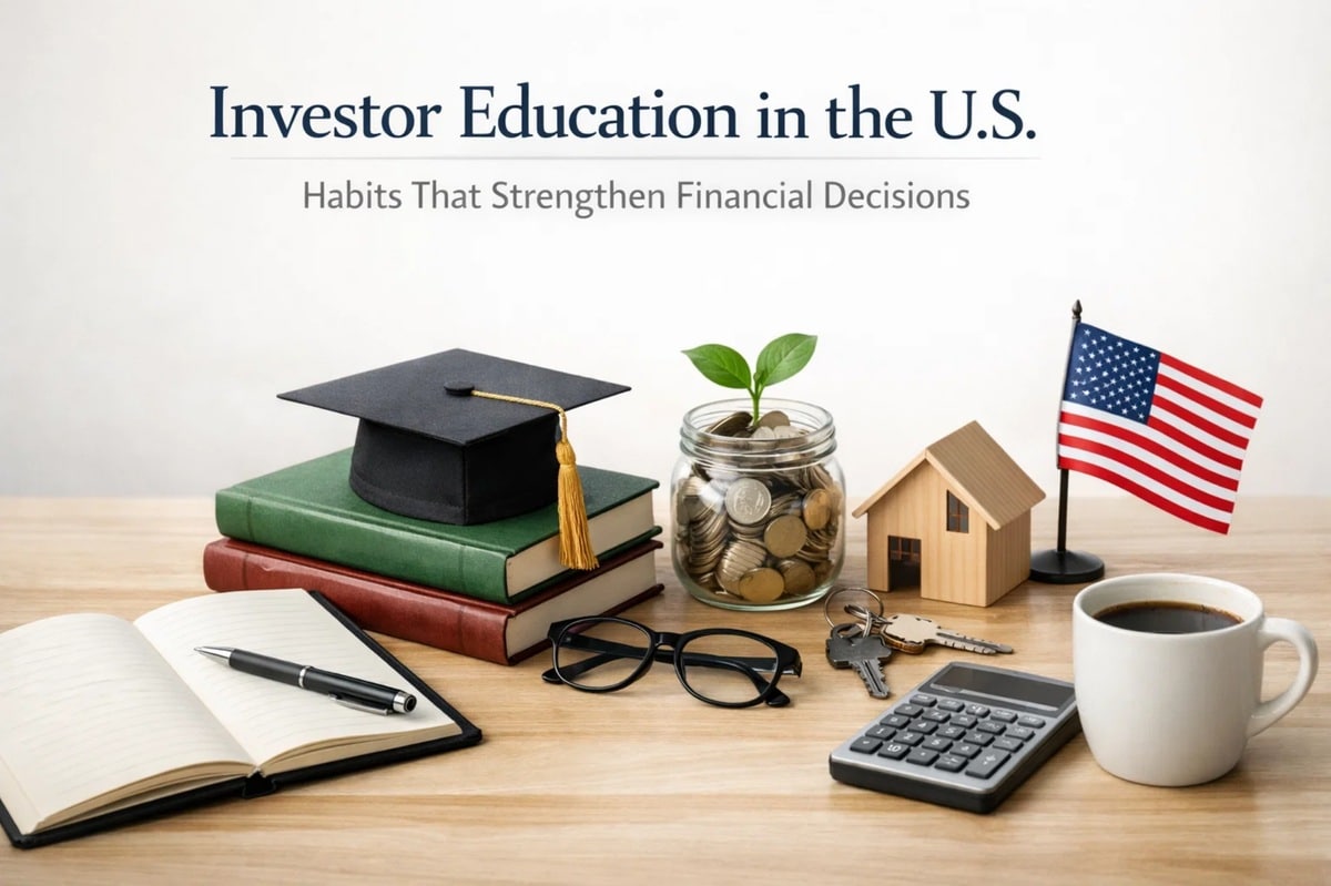 Conceptual image representing investor education in the United States, featuring books and a graduation cap symbolizing learning, a jar with coins and a growing plant representing long-term Investiments, a small house model and keys related to financial planning, alongside a calculator, notebook, and an American flag, illustrating habits that strengthen informed financial decisions.
