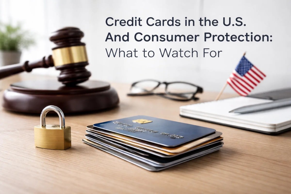 Credit card and consumer protection concept image showing a stack of credit cards on a wooden desk secured with a padlock, symbolizing data security and consumer rights. In the background, a judge’s gavel, a small United States flag, eyeglasses, and a notebook reinforce the legal and regulatory context. The scene illustrates credit card protection laws and what consumers should watch for when using a credit card in the United States.