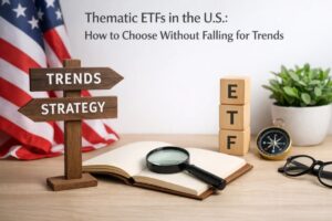 Workspace scene with a wooden sign pointing to “trends” and “strategy,” an open notebook with a magnifying glass, wooden blocks spelling ETF, a compass, and a U.S. flag in the background, illustrating how investors can analyze thematic ETFs in the United States and make informed investments without blindly following market trends.