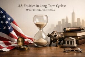 Conceptual scene about long-term investments in U.S. equities. An American flag, a glass hourglass symbolizing time in investments, and a bronze bull statue sit on a wooden desk with financial books and a small classical stock exchange model. A blurred city skyline appears in the background, and the headline reads “U.S. Equities in Long-Term Cycles: What Investors Overlook.”