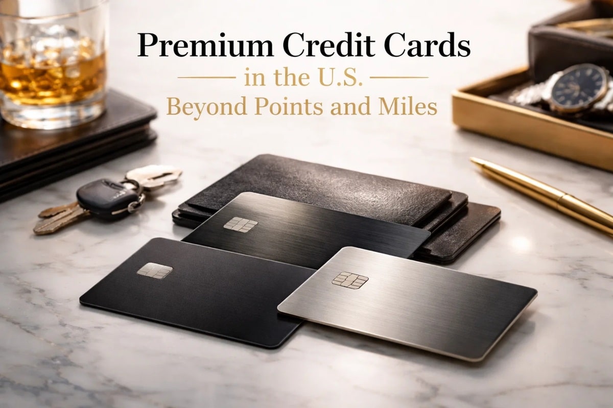 Premium metal credit card designs displayed on a marble surface alongside a leather wallet, car keys, a glass of whiskey, a luxury watch, and a gold pen, illustrating how premium credit card offerings in the United States go beyond points and miles to deliver exclusive benefits, lifestyle privileges, and enhanced financial experiences.