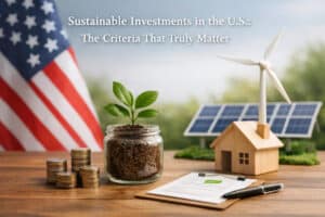 Conceptual scene representing sustainable investments in the United States, showing a small green plant growing inside a glass jar filled with soil and coins on a wooden table. Nearby are stacks of coins, a clipboard with documents, a miniature eco-friendly house model with a wind turbine, and solar panels in the background, while the American flag appears to the side. The composition symbolises environmentally conscious investments and financial decisions focused on sustainability, renewable energy, and long-term responsible investments.
