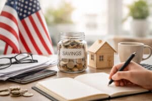 Financial planning scene in the United States showing a jar labelled “Savings” filled with coins on a desk beside a small house model, documents, a smartphone, and a notebook where a person is writing financial notes. An American flag appears in the background, symbolising the national economic context. The composition illustrates how individuals manage finances through budgeting, saving strategies, and careful planning to navigate increasingly complex financial environments in the U.S.