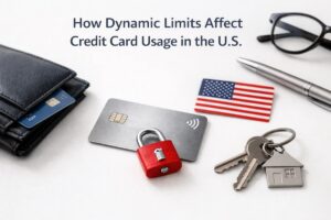 A clean, professional financial-themed image illustrating how dynamic limits affect credit card usage in the United States. On a light gray surface, a metallic credit card with a red padlock placed on top symbolizes security and controlled spending. Nearby are a black wallet partially open with another credit card visible, a small U.S. flag card, a silver pen, black eyeglasses, and a set of house keys with a house-shaped keychain. The composition represents financial security, personalized credit card limits, responsible borrowing, and U.S. consumer finance.