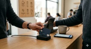 Close-up scene of a person making a contactless payment with a credit card at a modern café or retail counter, tapping the credit card on a small digital payment terminal while another person stands nearby. A smartphone with a payment app open sits on the wooden counter next to a coffee cup, and blurred people working on laptops in the background suggest a digital and connected environment. The image represents how credit card payments integrate with mobile technology and digital services, illustrating financial control, convenience, and real-time spending management in a modern digital market.