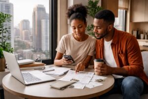 A modern urban scene illustrating finances and budgeting habits in the United States, featuring a young couple sitting at a table in a city apartment reviewing bills and expenses while using a smartphone and laptop, with cash and documents spread out, highlighting how urban lifestyles are reshaping finances through digital tools, shared financial decisions, and real-time money management.